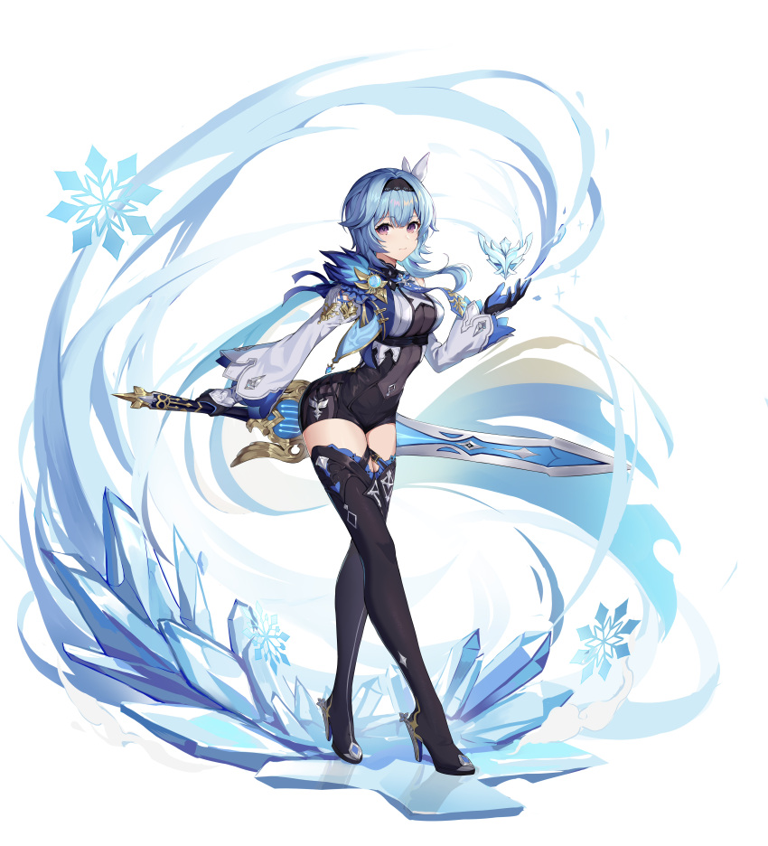 1girl absurdres black_footwear black_leotard blue_hair boots breasts claymore_(sword) closed_mouth crop_top crossed_legs eula_(genshin_impact) full_body genshin_impact gloves hairband high_heel_boots high_heels highres hokori_sakuni holding holding_sword holding_weapon ice leotard long_hair long_sleeves looking_at_viewer medium_breasts shirt simple_background solo standing sword thigh-highs thigh_boots thighs violet_eyes vision_(genshin_impact) watson_cross weapon weapon_on_back white_background white_shirt