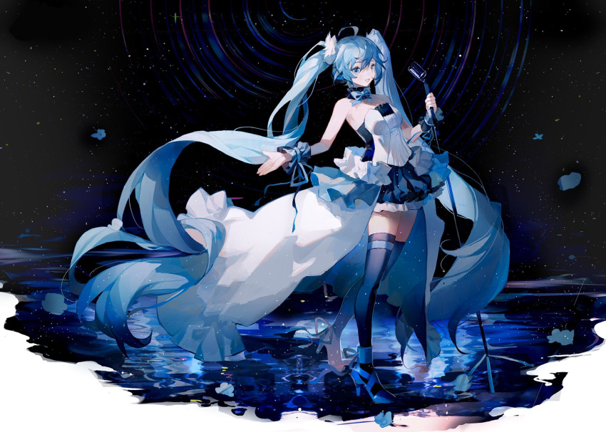 1girl absurdly_long_hair ahoge bare_shoulders blue_bow blue_eyes blue_flower blue_footwear blue_legwear blue_neckwear blue_ribbon blue_skirt blue_theme bow dress flower frilled_neckwear frills hair_between_eyes hatsune_miku heart high_heels highres holding holding_microphone_stand kikihuihui light_blue_eyes light_blue_hair long_hair microphone microphone_stand off_shoulder open_mouth petals reflection ribbon skirt smile solo space star_(sky) thigh-highs thigh_strap twintails very_long_hair vocaloid water white_dress