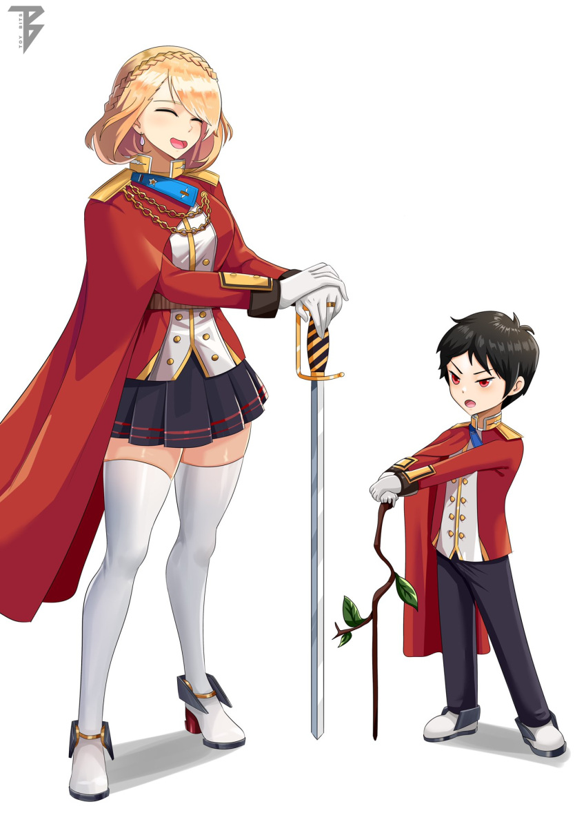 1boy 1girl artist_name azur_lane black_hair blonde_hair braid cape crown_braid earrings full_body highres jewelry mother_and_son open_mouth pants pose prince_of_wales_(azur_lane) red_cape red_eyes second-party_source simple_background stick sword thigh-highs toy_bits weapon white_background