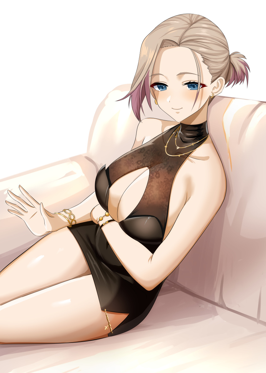 1girl absurdres azur_lane bare_shoulders black_dress blue_eyes bracelet breasts cleavage_cutout clothing_cutout dress highres jewelry lap_pillow_invitation large_breasts light_brown_hair looking_at_viewer medium_hair microdress new_orleans_(azur_lane) new_orleans_(evening_agricole)_(azur_lane) official_alternate_costume purple_hair second-party_source see-through simple_background sitting sleeveless sleeveless_dress solo toy_bits white_background