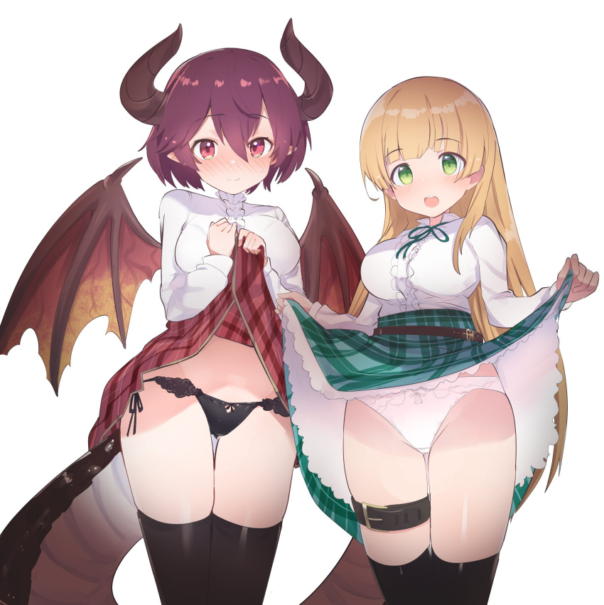 2girls anne_(shingeki_no_bahamut) black_legwear black_panties blush breasts caburi closed_mouth clothes_lift dragon_horns dragon_tail dragon_wings english_commentary eyebrows_visible_through_hair frilled_skirt frills grea_(shingeki_no_bahamut) hair_between_eyes highres horns large_breasts lifted_by_self long_hair long_sleeves looking_at_viewer multiple_girls neck_ribbon open_mouth panties pink_hair plaid plaid_skirt purple_hair red_eyes red_skirt ribbon shingeki_no_bahamut shirt short_hair side-tie_panties simple_background skirt skirt_lift tail thigh-highs thigh_strap underwear very_long_hair white_background white_panties white_shirt wings