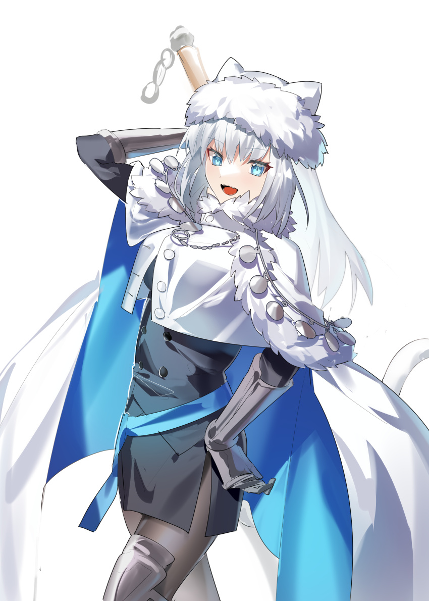 1girl absurdres animal_ears armored_boots bangs blue_bow blue_eyes blue_ribbon blush boots bow breasts brown_legwear buttons cape capelet cat_ears cat_girl cat_tail crop_top crop_top_overhang dobrynya_nikitich_(fate) dress fate/grand_order fate_(series) fur-trimmed_capelet fur-trimmed_headwear fur_trim gauntlets grape_(pixiv27523889) grey_dress hair_bow hat highres knee_boots large_breasts long_hair long_sleeves looking_at_viewer low_ponytail mace medium_breasts open_mouth pantyhose ribbon short_dress smile solo tail thighs weapon white_cape white_capelet white_hair white_headwear