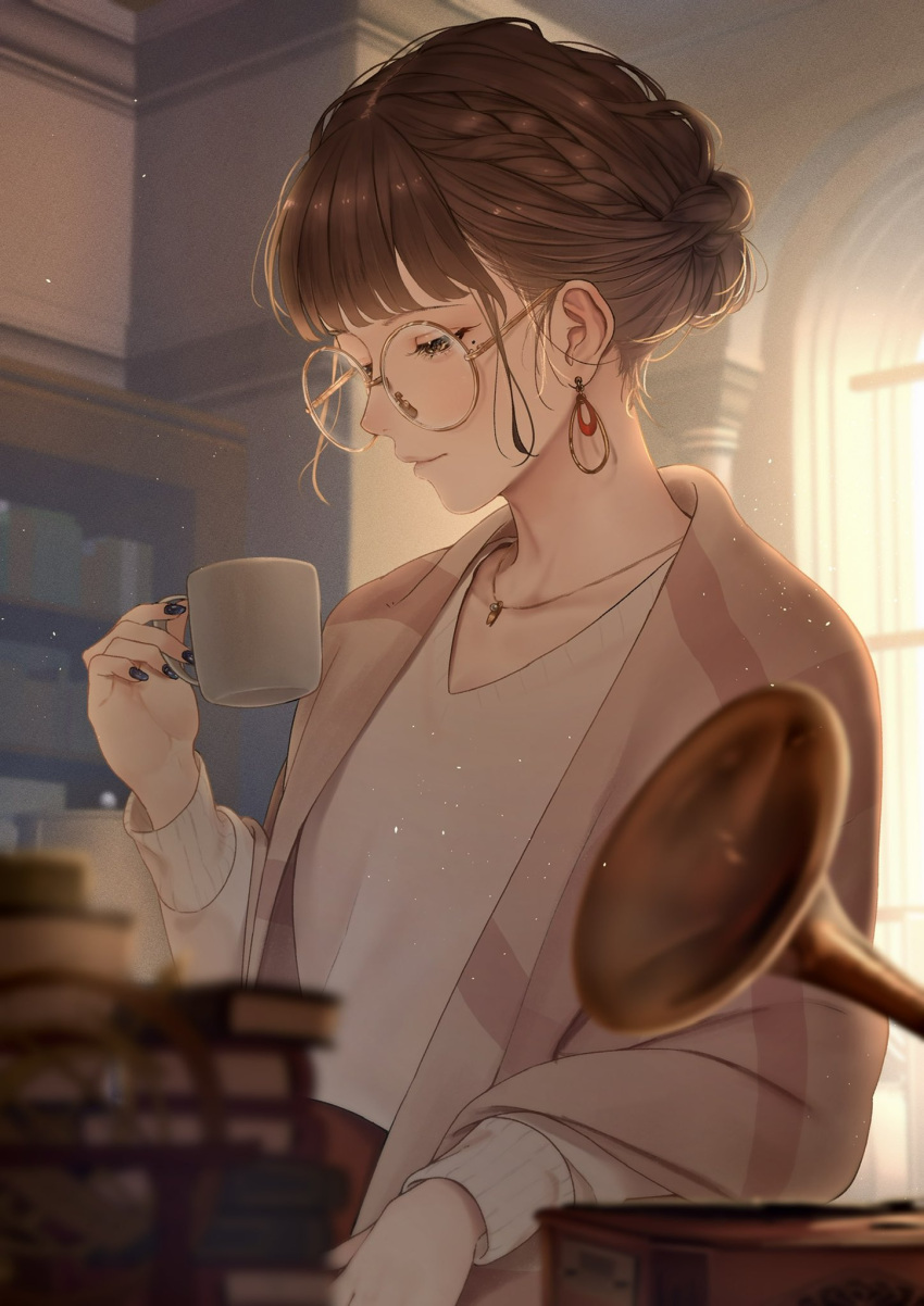 1girl bangs book braid brown_hair coffee_cup cup disposable_cup earrings glasses highres jewelry mole mole_under_eye necklace original phonograph saitou_(lynx-shrike)