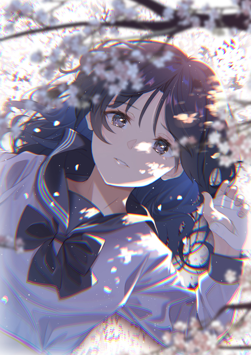 1girl 1other absurdres black_bow black_neckwear blurry blurry_foreground bow branch cherry_blossoms chromatic_aberration eyebrows_visible_through_hair fingernails furai highres holding holding_hands long_hair lying on_back original pale_skin parted_lips petals purple_hair school_uniform serafuku shiny shiny_lips solo_focus uniform violet_eyes