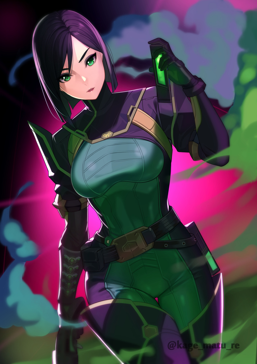 1girl absurdres belt bob_cut bodysuit boots breasts cowboy_shot dutch_angle green_bodysuit green_eyes gun hand_up highres holding holding_gun holding_weapon kagematsuri light_smile lipstick looking_at_viewer makeup medium_breasts medium_hair parted_lips purple_hair red_lips skin_tight smoke solo standing thigh-highs thigh_boots thigh_gap valorant viper_(valorant) weapon