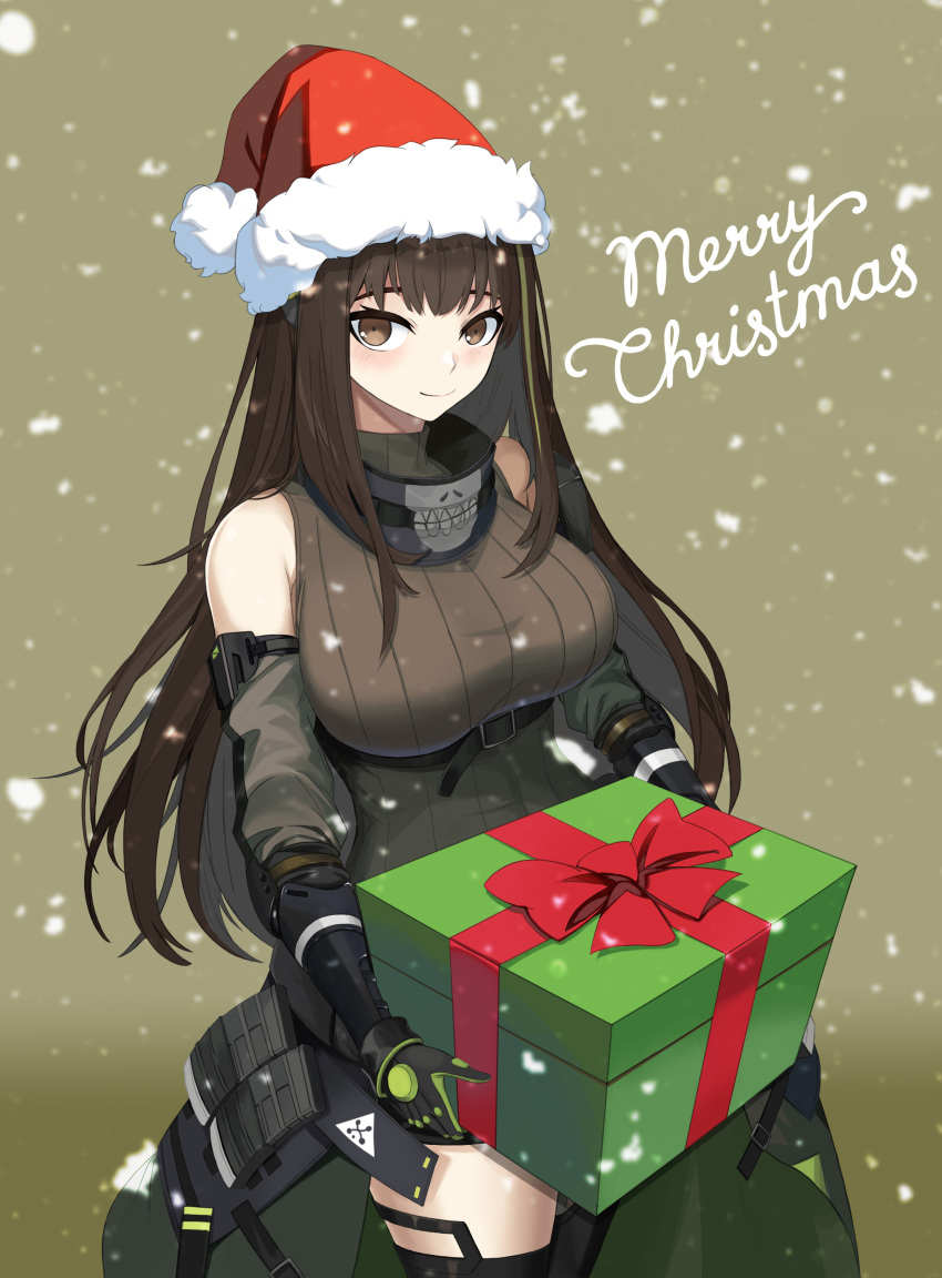 1girl absurdres black_gloves box breasts brown_eyes brown_hair christmas dlarudgml21 fur-trimmed_headwear gift gift_box girls_frontline gloves green_hair hat highres holding holding_gift large_breasts long_hair m4a1_(girls'_frontline) merry_christmas multicolored_hair red_headwear santa_hat sleeveless smile snowing solo streaked_hair