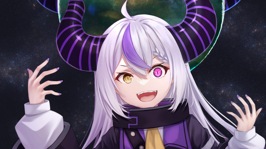 1girl :d ahoge ascot bangs collar commentary_request demon_horns eyebrows_visible_through_hair geass hair_between_eyes hands_up heterochromia hololive horns la+_darknesss long_hair long_sleeves looking_at_viewer merxkialis metal_collar multicolored_hair nail_polish puffy_long_sleeves puffy_sleeves purple_hair purple_nails silver_hair smile solo space streaked_hair v-shaped_eyebrows violet_eyes virtual_youtuber yellow_ascot yellow_eyes