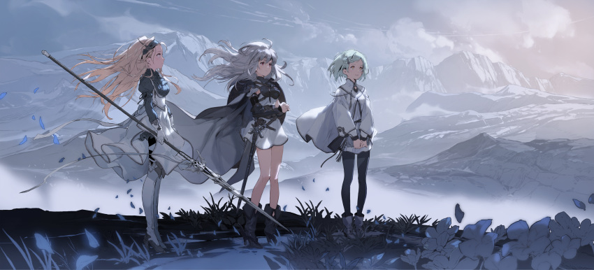 3girls armlet armor bare_legs black_footwear black_legwear blonde_hair boots bracer breasts cape clouds cloudy_sky eyebrows_visible_through_hair fantasy flower gauntlets gloves grass hair_ornament hairband high_heels highres hirooka_masaki holding holding_polearm holding_weapon knife knife_holster long_hair mountainous_horizon multiple_girls open_mouth original outdoors petals polearm red_eyes short_hair silver_hair skirt sky smile spear standing sword weapon white_legwear white_skirt wind yellow_eyes