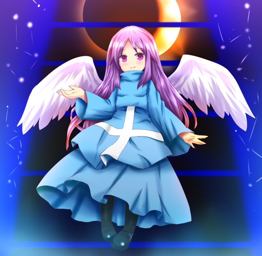 angel angel_wings blue_dress blue_footwear colorized constellation dress eclipse feathered_wings full_body highres korumoran long_hair long_sleeves mary_janes matenshi_(touhou) pantyhose purple_hair shoes smile solar_eclipse story_of_eastern_wonderland touhou touhou_(pc-98) very_long_hair violet_eyes white_wings wide_sleeves wings