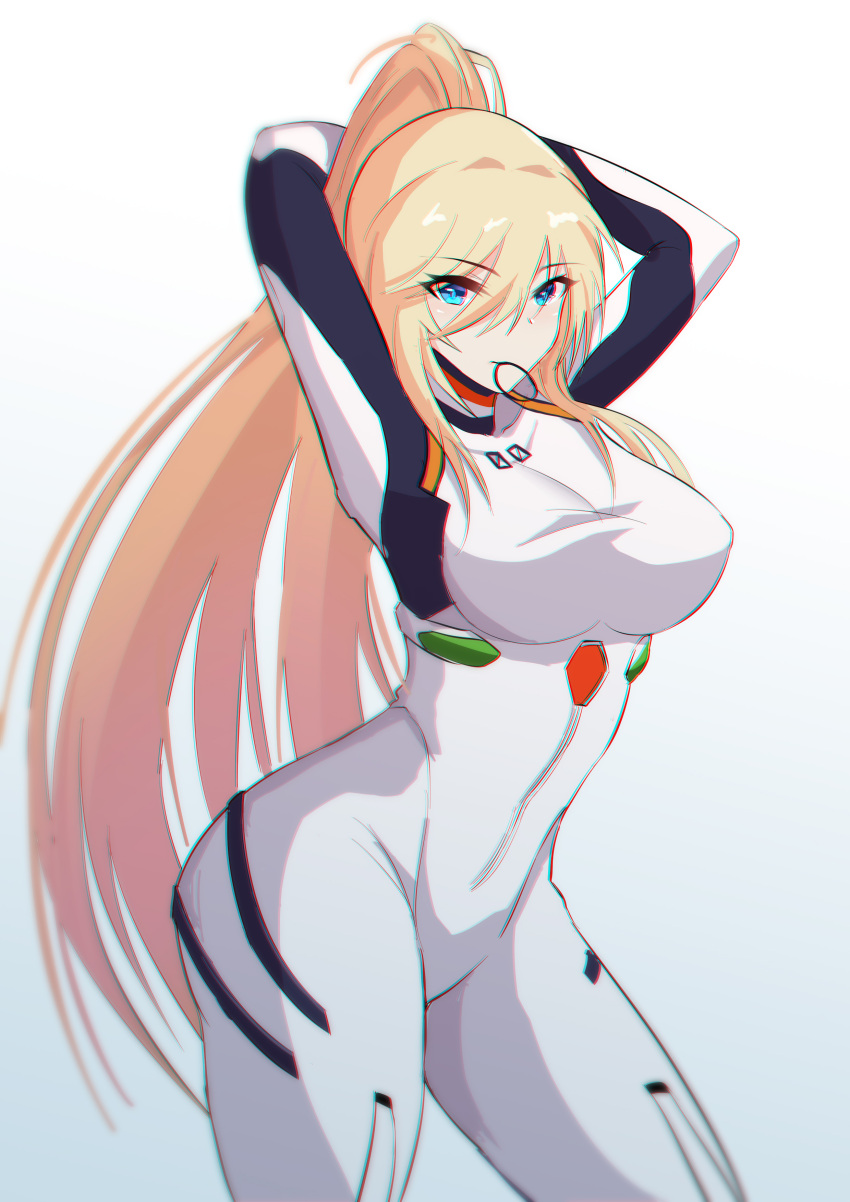 1girl absurdres adjusting_hair arms_behind_head ayanami_rei ayanami_rei_(cosplay) bangs bianka_durandal_ataegina blonde_hair blue_eyes bodysuit breasts bupa_chila chromatic_aberration closed_mouth cosplay crossover hair_between_eyes highres honkai_(series) honkai_impact_3rd in_mouth long_hair looking_at_viewer neon_genesis_evangelion simple_background skin_tight smile solo white_background white_bodysuit