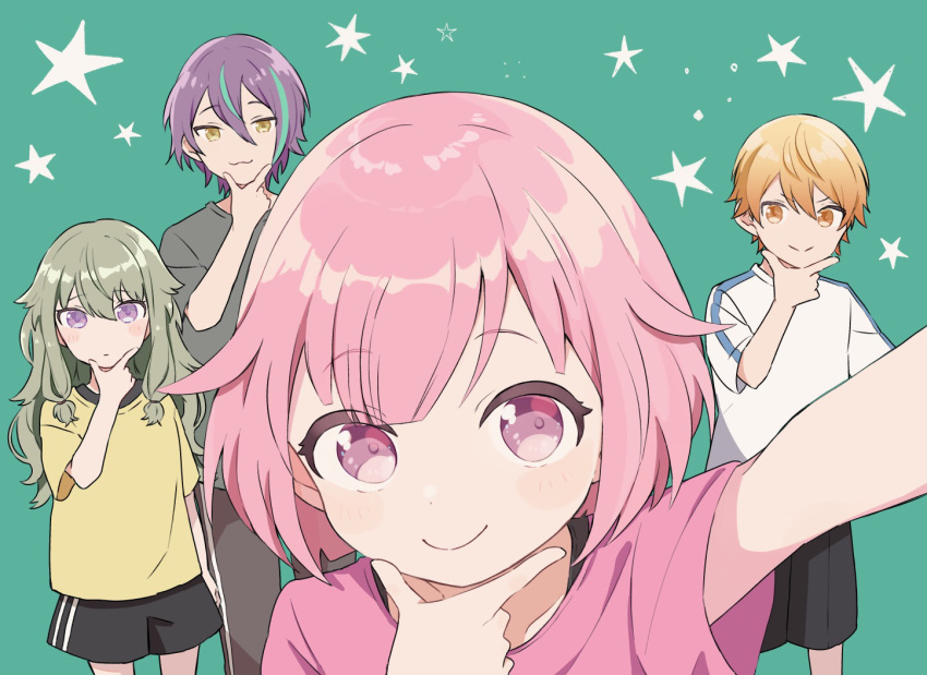 2boys 2girls arm_at_side bangs black_shorts blonde_hair blue_eyes blunt_bangs casual collarbone dolphin_shorts expressionless eyebrows_visible_through_hair flat_chest green_background grey_shirt hand_on_own_chin hand_up height_difference index_finger_raised kamishiro_rui kusanagi_nene light_blush long_hair looking_at_another looking_at_viewer low-tied_long_hair multicolored_hair multiple_boys multiple_girls no_nose ootori_emu orange_eyes outstretched_arm pants parted_lips pink_eyes pink_hair pink_shirt platinum_blonde_hair project_sekai purple_hair selfie shirt short_hair short_sleeves shorts sideways_glance simple_background single_vertical_stripe smile smirk star_(symbol) starry_background streaked_hair suyata tenma_tsukasa track_pants twintails violet_eyes white_shirt yellow_eyes yellow_shirt