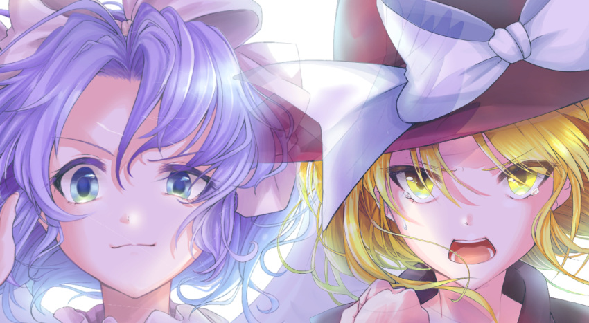 2girls angry bangs black_shirt blonde_hair blue_eyes blue_hair bow brown_headwear clenched_hand closed_mouth commentary_request crying crying_with_eyes_open dress fedora furious hair_ribbon hat hat_bow looking_at_viewer mai_(touhou) multiple_girls open_mouth parted_bangs ribbon shirt short_hair simple_background smirk tears touhou touhou_(pc-98) user_regk4543 v-shaped_eyebrows white_background white_bow white_dress white_ribbon yellow_eyes yuki_(touhou)