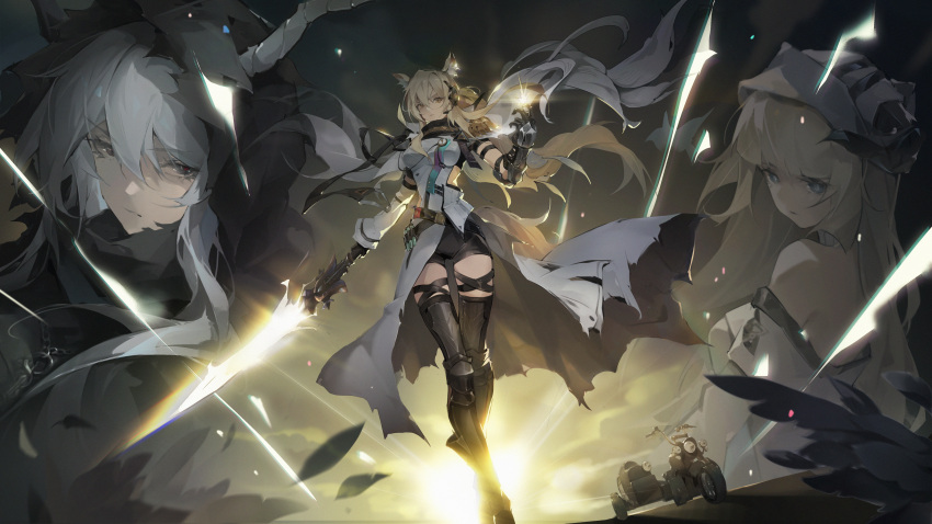 3girls absurdres animal_ear_fluff animal_ears arknights arm_guards armored_boots backlighting bangs bare_shoulders belt black_eyes black_footwear black_gloves black_shorts blonde_hair blue_eyes blunt_bangs boots breasts brown_eyes cloak closed_mouth detached_sleeves dress full_body gloves glowing glowing_sword glowing_weapon ground_vehicle hair_between_eyes hat headset highres holding holding_sword holding_weapon hood hood_up hooded_cloak horse_ears horse_girl horse_tail jewelry lens_flare long_hair long_sleeves looking_at_viewer medium_breasts motor_vehicle motorcycle multiple_girls nearl_(arknights) nearl_the_radiant_knight_(arknights) necklace nightingale_(arknights) off-shoulder_dress off_shoulder shining_(arknights) short_shorts shorts silver_hair single_detached_sleeve standing sword tail taixingxtidao test_tube thigh-highs thigh_boots thigh_strap upper_body v-shaped_eyebrows very_long_hair waist_cape weapon white_dress white_headwear