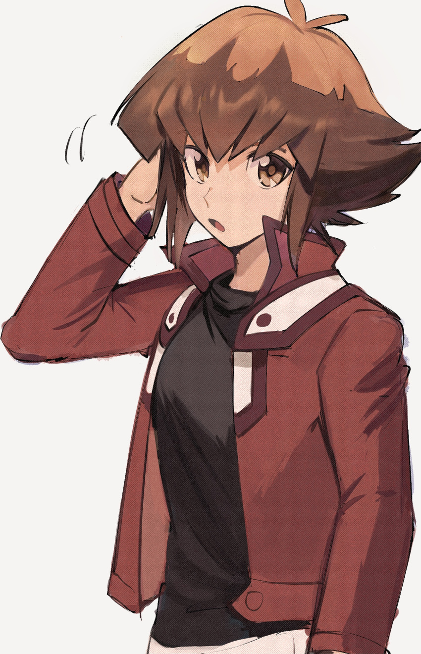 1boy :o bangs black_shirt bojue_(hakus_1128) brown_eyes brown_hair duel_academy_uniform_(yu-gi-oh!_gx) grey_background hair_between_eyes highres jacket long_sleeves looking_at_viewer male_focus open_clothes open_jacket open_mouth pants red_jacket school_uniform shirt short_hair simple_background solo yu-gi-oh! yu-gi-oh!_gx yuuki_juudai