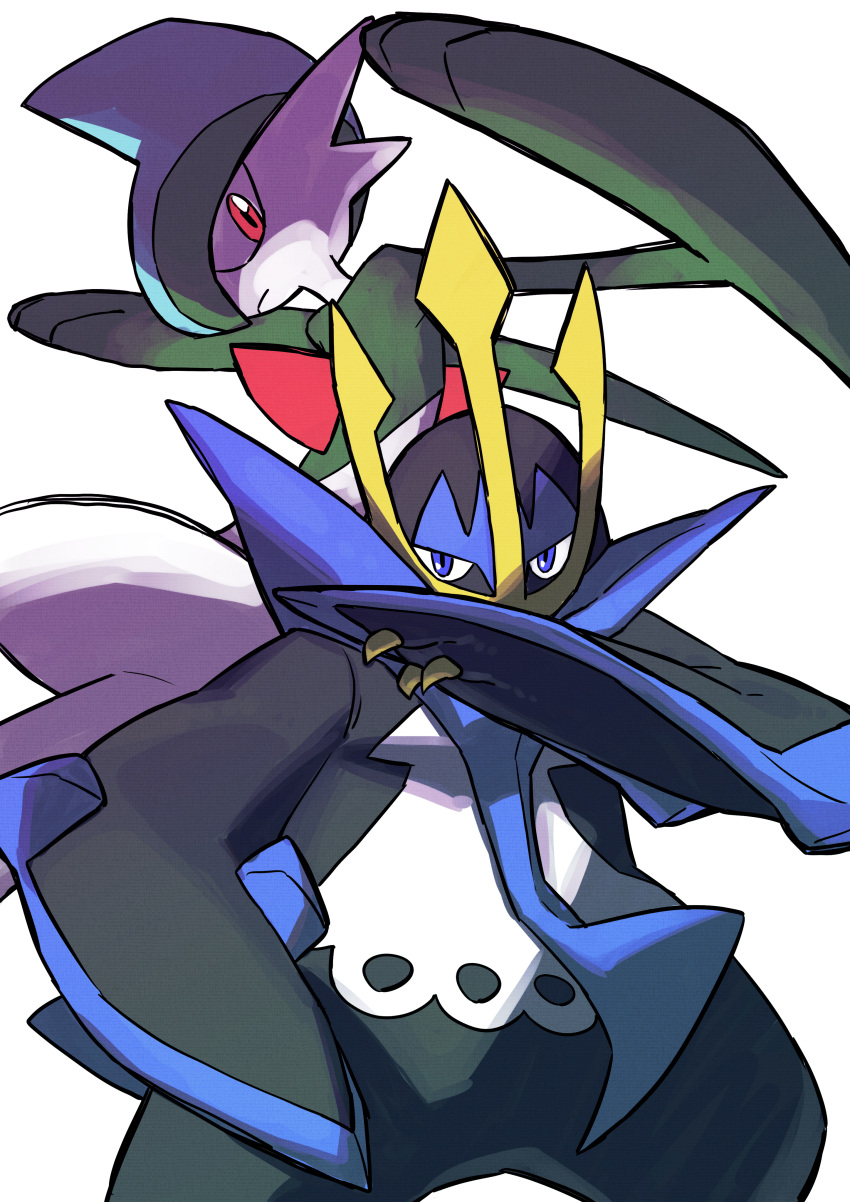 absurdres blue_eyes claws closed_mouth commentary_request empoleon fighting_stance frown gallade highres looking_at_viewer mitarashi_(riku1013pm) no_humans pokemon pokemon_(creature) red_eyes simple_background white_background