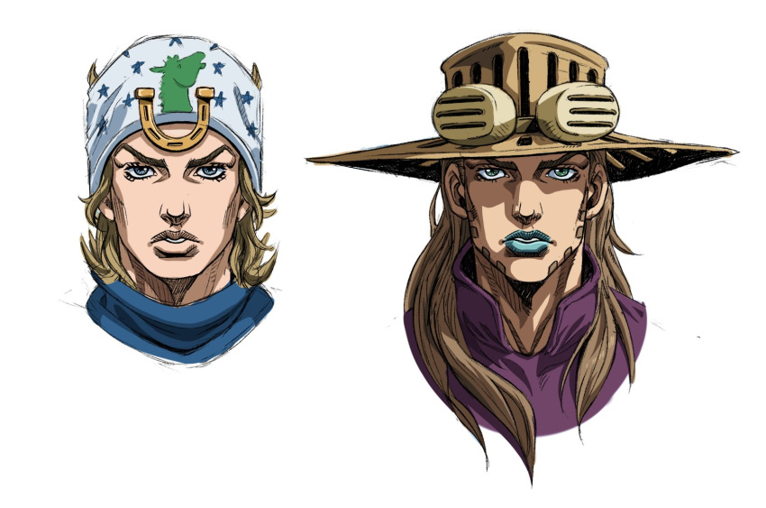 2boys araki_hirohiko_(style) beanie blue_eyes blue_lips blue_scarf brown_headwear commentary cowboy_hat english_commentary goggles goggles_on_headwear grandguerrilla gyro_zeppeli hat highres horseshoe johnny_joestar jojo_no_kimyou_na_bouken lipstick looking_at_viewer makeup male_focus multiple_boys official_style parted_lips pink_shirt portrait sanpaku scarf shirt simple_background steel_ball_run turtleneck white_background