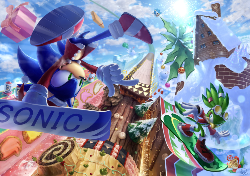 2boys animal_nose beak blue_eyes christmas gloves green_eyes jet_the_hawk male_focus multiple_boys pointing pose rasein scenery sky smile snowboard snowboarding sonic_(series) sonic_riders sonic_the_hedgehog white_gloves