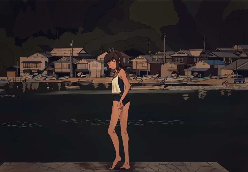 barefoot blue_swimsuit boat brown_hair closed_mouth commentary_request hair_ornament hairclip highres house i-401_(kancolle) kantai_collection kuragare looking_at_viewer night night_sky ocean orange_shirt ponytail school_swimsuit shirt sidelocks sky sleeveless sleeveless_shirt standing swimsuit watercraft white_shirt