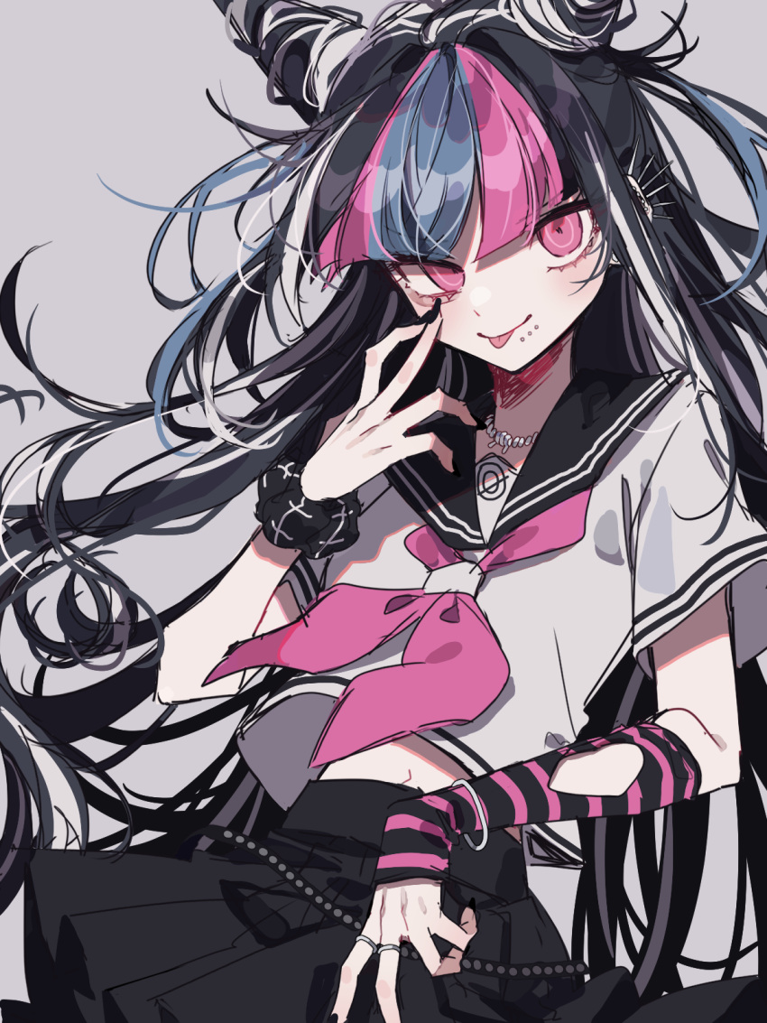 1girl bangs black_hair blue_hair commentary_request danganronpa_(series) danganronpa_2:_goodbye_despair ear_piercing floating_hair grey_background hair_horns hand_up highres jewelry long_hair looking_at_viewer messy_hair midriff_peek mioda_ibuki multicolored_hair navel neckerchief patzzi piercing pink_eyes pink_hair pink_neckerchief school_uniform scrunchie serafuku simple_background skirt smile solo tongue tongue_out white_hair wrist_scrunchie