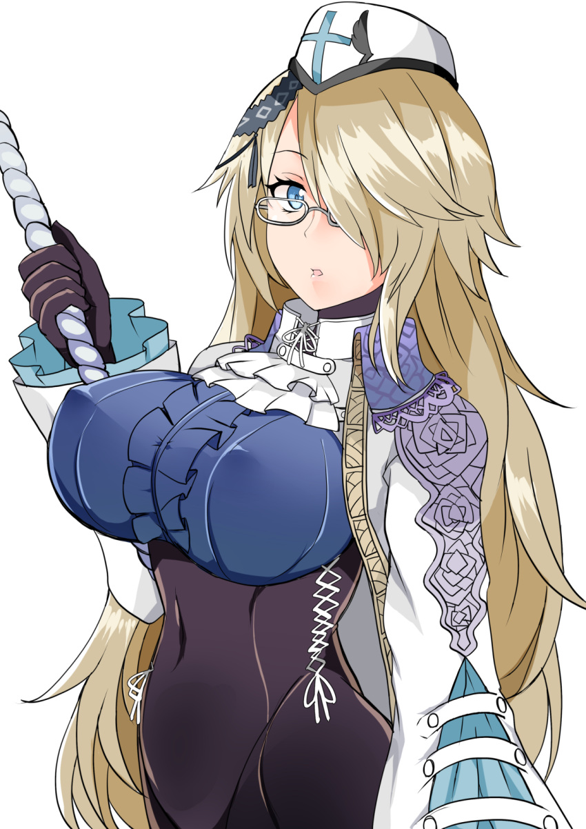 1girl blonde_hair bloodstained:_curse_of_the_moon_2 blue_eyes breasts corset covered_navel covered_nipples dominique_(bloodstained) framed_breasts glasses hair_over_one_eye hat highres large_breasts looking_at_viewer open_mouth polearm ririfu simple_background solo spear underbust weapon white_background