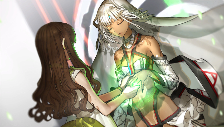 2girls altera_(fate) bare_shoulders black_nails bow bra brown_hair choker closed_eyes closed_mouth dark-skinned_female dark_skin dress fate/extella fate/extra fate_(series) game_cg glowing green_bow highres holding_hands kishinami_hakuno_(female) long_hair looking_at_another multiple_girls non-web_source official_art photoshop_(medium) shadow silver_hair underwear veil wada_arco wavy_hair white_dress white_hair