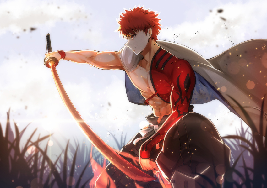 1boy absurdres bangs coat commentary_request emiya_shirou fate/grand_order fate_(series) glglpanda hair_between_eyes highres holding holding_sword holding_weapon katana muscular red_eyes redhead senji_muramasa_(fate) short_hair sitting sword weapon