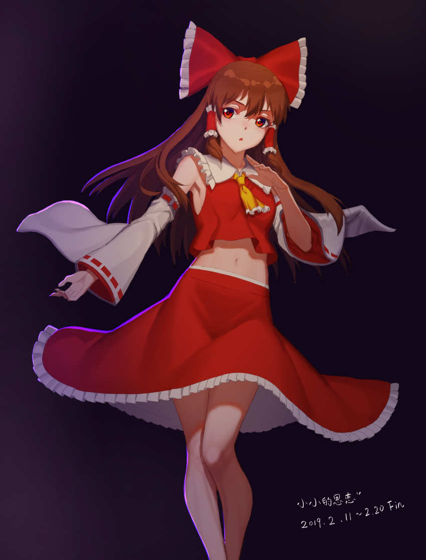 1girl :o absurdres armpits artist_name bangs bare_shoulders black_background bow brown_hair hair_bow hakurei_reimu highres japanese_clothes long_hair looking_at_viewer miko navel open_mouth red_eyes red_skirt simple_background skirt solo touhou white_sleeves xiaoxiao_de_silian