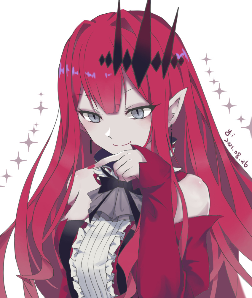 1girl absurdres bare_shoulders black_bow bow closed_mouth crown dated earrings eyelashes eyes_visible_through_hair eyeshadow fairy_knight_tristan_(fate) fate/grand_order fate_(series) fingernails frills grey_eyes highres jewelry long_eyelashes long_hair makeup pointy_ears purple_eyeshadow red_nails redhead signature simple_background sleeves_past_wrists slit_pupils smile solo star_(symbol) u0002525 upper_body white_background