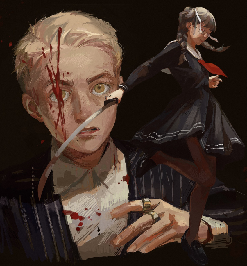 1boy 1girl artist_name bangs black_background black_dress black_footwear black_jacket black_shirt blonde_hair blood braid brown_background brown_eyes cropped_shirt danganronpa_(series) danganronpa_2:_goodbye_despair dress freckles full_body glasses grey_hair grey_sailor_collar hair_ribbon highres holding holding_sword holding_weapon hvmbrgrr jacket jewelry katana kuzuryuu_fuyuhiko long_hair medium_hair neckerchief pantyhose pekoyama_peko realistic red_eyes red_neckerchief ribbon ring sailor_collar school_uniform shirt shoes short_hair simple_background skirt spoilers standing striped striped_jacket sword twin_braids weapon