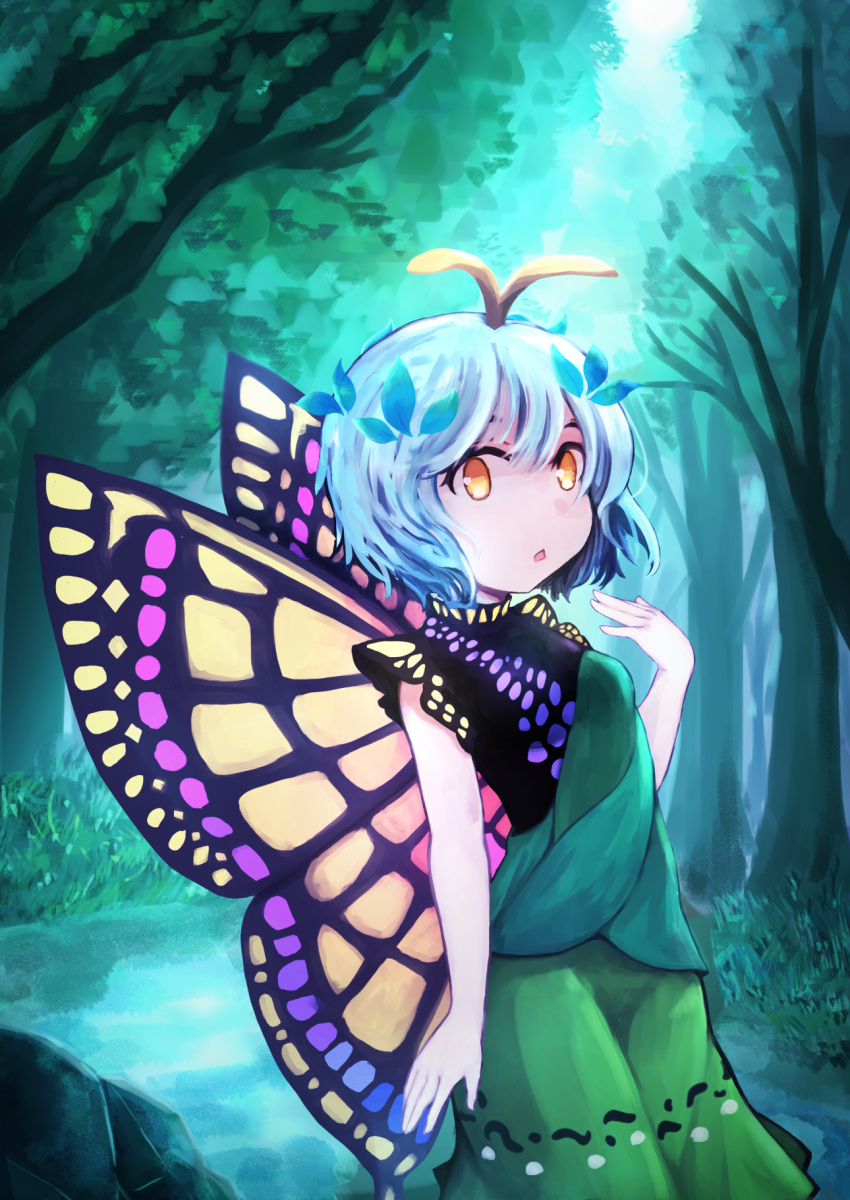 1girl antennae aqua_hair butterfly_wings dress eternity_larva fairy green_dress hair_between_eyes highres leaf leaf_on_head matsuhisa_(ryo-tsuda1) multicolored_clothes multicolored_dress open_mouth short_hair short_sleeves single_strap solo touhou tree upper_body wings yellow_eyes