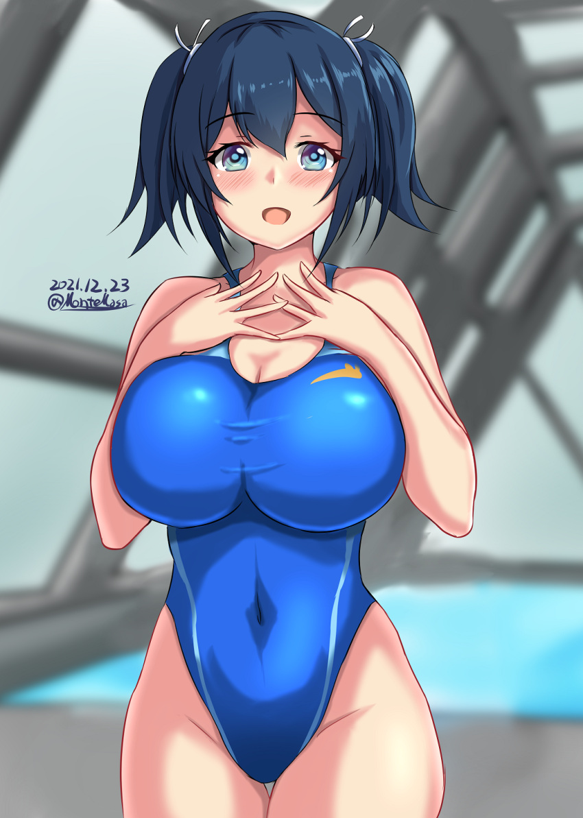 1girl blue_eyes blue_hair blue_swimsuit blush breasts competition_swimsuit covered_navel dated eyebrows_visible_through_hair hair_between_eyes hair_ribbon highleg highleg_swimsuit highres impossible_clothes impossible_swimsuit indoors kantai_collection large_breasts looking_at_viewer montemasa one-hour_drawing_challenge one-piece_swimsuit pool rei_no_pool ribbon solo souryuu_(kancolle) swimsuit twintails twitter_username water
