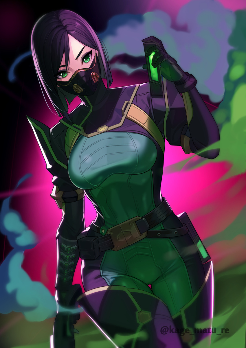 1girl absurdres belt bob_cut bodysuit boots breasts covered_mouth cowboy_shot dutch_angle green_bodysuit green_eyes gun hand_up highres holding holding_gun holding_weapon kagematsuri looking_at_viewer mask medium_breasts medium_hair mouth_mask purple_hair skin_tight smoke solo standing thigh-highs thigh_boots thigh_gap valorant viper_(valorant) weapon