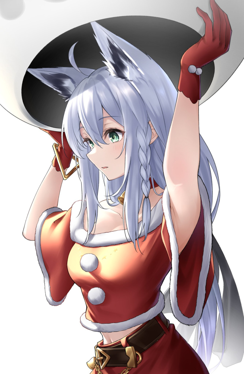 1girl ahoge animal_ears arms_up bangs bell belt braid commentary_request crop_top eyebrows_visible_through_hair fox_ears fox_girl fox_tail gloves green_eyes hair_between_eyes highres holding_head hololive long_hair midriff navel neck_bell open_mouth red_gloves red_shirt red_skirt shirakami_fubuki shirt short_sleeves sidelocks single_braid skirt snowman solo tail tsurupy virtual_youtuber white_hair