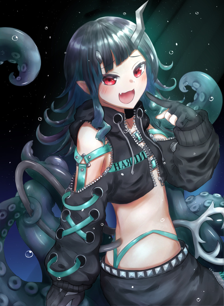 1girl akagane_mic asymmetrical_gloves bangs belt beltbra black_background black_gloves black_hair black_jacket black_skirt blue_background blue_belt blue_hair blue_panties blush bubble chest_belt clothing_cutout commentary_request cowboy_shot cropped_jacket cross-laced_sleeves demon_girl demon_horns demon_tail flat_chest gloves gradient gradient_background grey_skirt highleg highleg_panties highres horns jacket layered_skirt long_hair long_sleeves looking_at_viewer multicolored_hair open_clothes open_jacket open_mouth panties partially_fingerless_gloves pointy_ears red_eyes shishio_chris shoulder_cutout skirt smile solo sugar_lyric tail tentacles twisted_torso two-tone_hair underwear virtual_youtuber zipper zipper_skirt