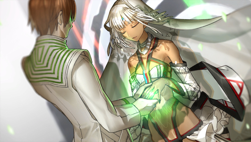 1boy 1girl altera_(fate) back bare_shoulders black_nails brown_hair choker closed_eyes closed_mouth dark-skinned_female dark_skin detached_sleeves fate/extella fate/extra fate_(series) game_cg glowing highres holding_hands kishinami_hakuno_(male) long_sleeves looking_at_another non-web_source official_art photoshop_(medium) shadow silver_hair standing veil wada_arco white_hair