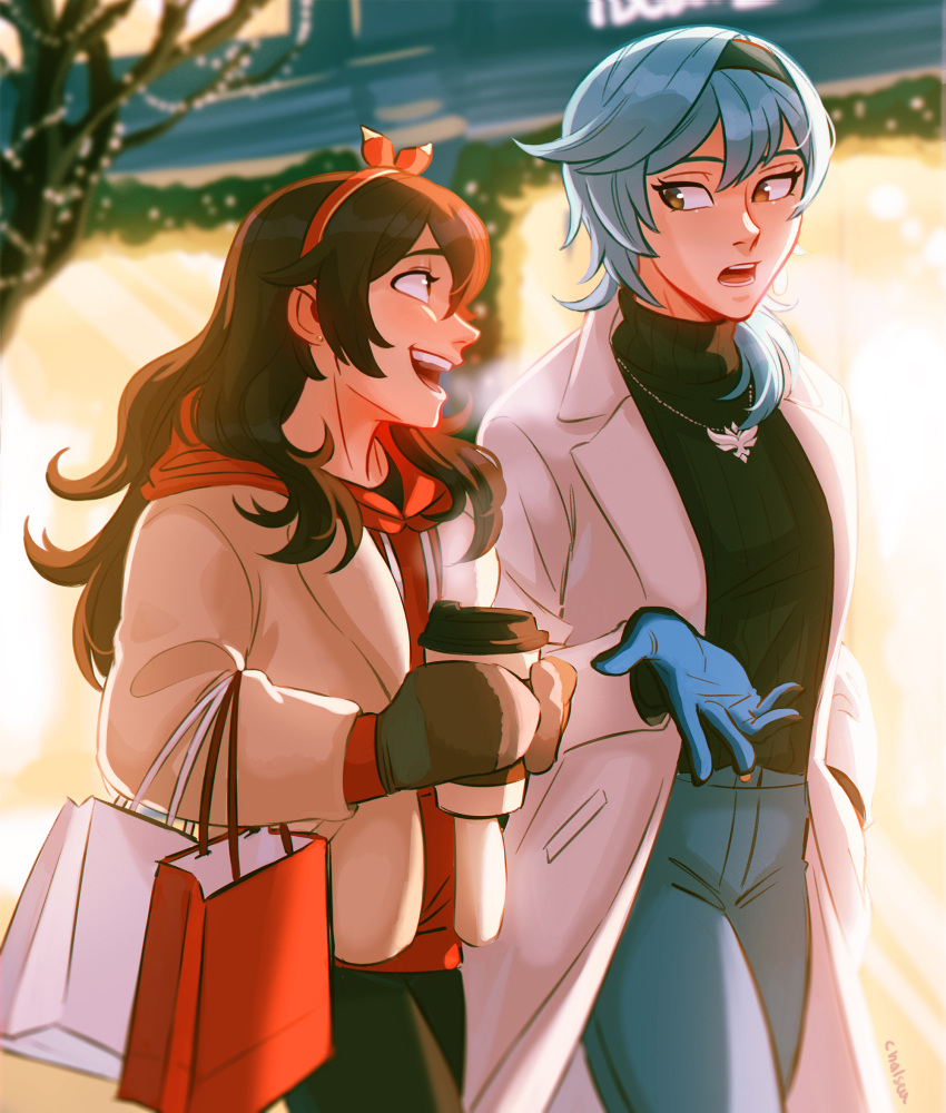 2girls amber_(genshin_impact) bag blue_hair blurry blurry_background brown_eyes brown_hair chalseu coat coffee commentary cowboy_shot denim english_commentary eula_(genshin_impact) genshin_impact gloves happy headband height_difference highres jeans jewelry long_hair looking_at_another mittens multiple_girls necklace open_mouth pale_skin pants shopping_bag talking tied_hair turtleneck winter_clothes winter_coat