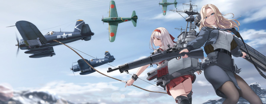 2girls aircraft airplane ass autocannon belt black_belt black_jacket black_legwear black_neckwear black_skirt blonde_hair blush bofors_40_mm_gun bomber_jacket boots bow_(weapon) breasts cannon commentary_request dress_shirt flight_deck grey_eyes gun hair_ribbon hairband highres holding holding_weapon hornet_(kancolle) jacket japanese_clothes kantai_collection large_breasts long_hair looking_at_viewer machinery miko military multiple_girls necktie ocean outdoors pantyhose pencil_skirt ribbon rifle rigging rokuwata_tomoe shirt shoukaku_(kancolle) skirt smile thigh-highs thigh_boots weapon white_shirt