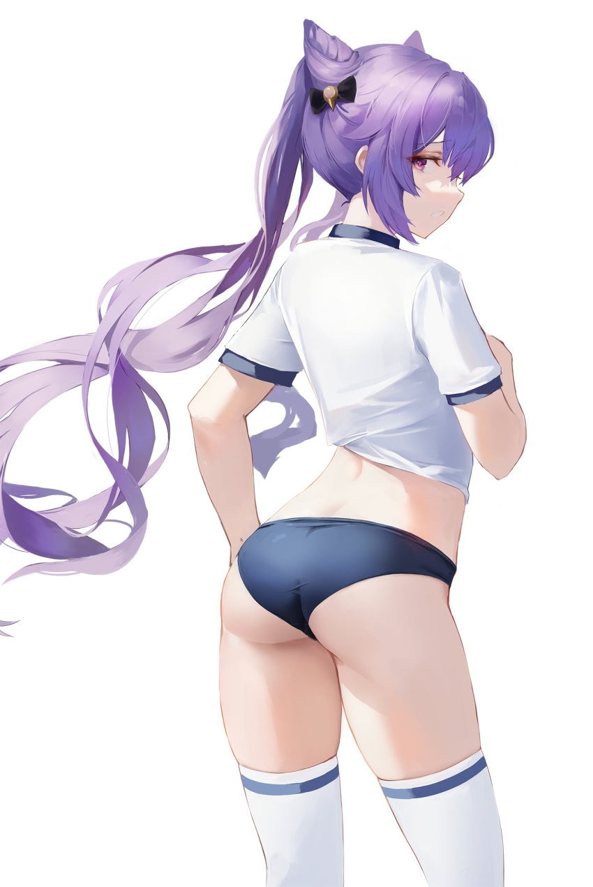 1girl arched_back ass bangs black_bow blue_buruma bow buruma eyebrows_visible_through_hair floating_hair from_behind genshin_impact hair_bow hair_cones hand_up highres hiki_niito keqing_(genshin_impact) long_hair looking_at_viewer looking_back nape profile purple_hair raised_eyebrow shirt short_sleeves sidelocks simple_background solo standing symbol-shaped_pupils thigh-highs thighs twintails violet_eyes white_background white_legwear white_shirt