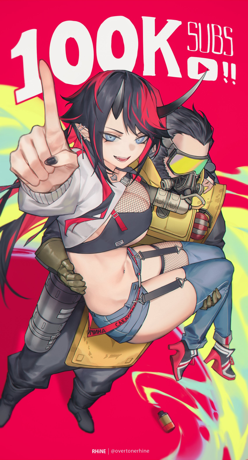 1boy 1girl absurdres apex_legends arm_around_neck arm_strap bangs belt bikini bikini_top black_footwear black_hair black_nails black_pants blue_eyes blue_pants blue_shorts boots breasts carrying caustic_(apex_legends) commentary demon_girl demon_horns detached_pants dutch_angle english_commentary fishnet_top fishnets full_body goggles high_heel_sneakers highres horns index_finger_raised jacket jewelry large_breasts long_hair looking_at_viewer loose_belt midriff milestone_celebration multicolored_hair nail_polish navel navel_piercing necklace no_eyewear official_alternate_costume open_fly open_mouth pants piercing pointy_ears princess_carry rebreather red_belt redhead rhine_(overtonerhine) russian_text ryugasaki_rene short_shorts shorts shrug_(clothing) single_sleeve smile smoke_grenade striped striped_jacket sugar_lyric suspenders swimsuit two-tone_hair under_boob virtual_youtuber white_jacket