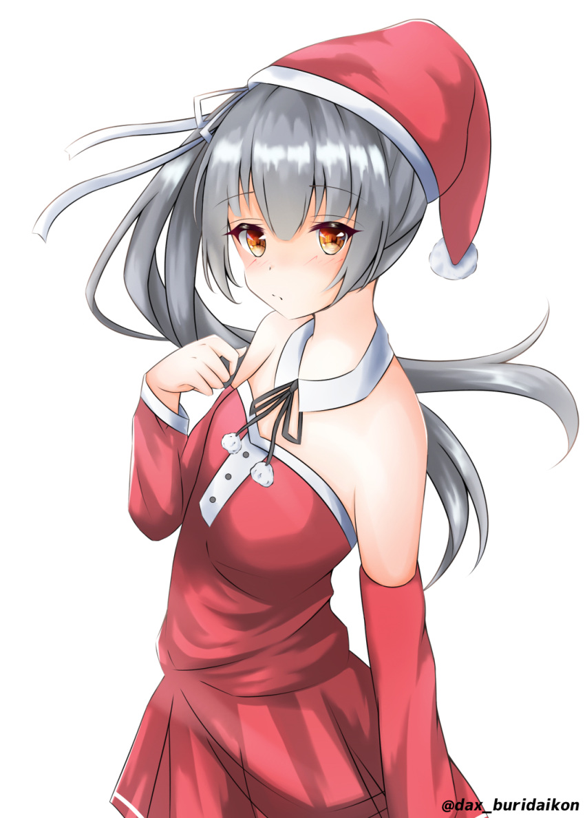 bangs black_ribbon blush brown_eyes closed_mouth collar dakkusu detached_collar detached_sleeves dress eyebrows_visible_through_hair floating_hair grey_hair hair_between_eyes hat highres kantai_collection kasumi_(kancolle) long_hair long_sleeves looking_at_viewer neck_ribbon red_dress red_sleeves ribbon santa_costume santa_hat side_ponytail simple_background strapless strapless_dress twitter_username very_long_hair white_background white_collar