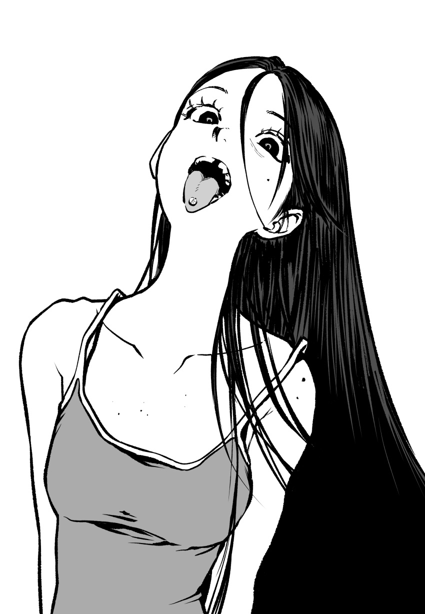 1girl absurdres breasts eyelashes greyscale hair_between_eyes highres long_hair looking_at_viewer mole mole_on_shoulder mole_under_eye monochrome muryo open_mouth original piercing simple_background small_breasts solo tank_top tongue tongue_out tongue_piercing upper_body very_long_hair