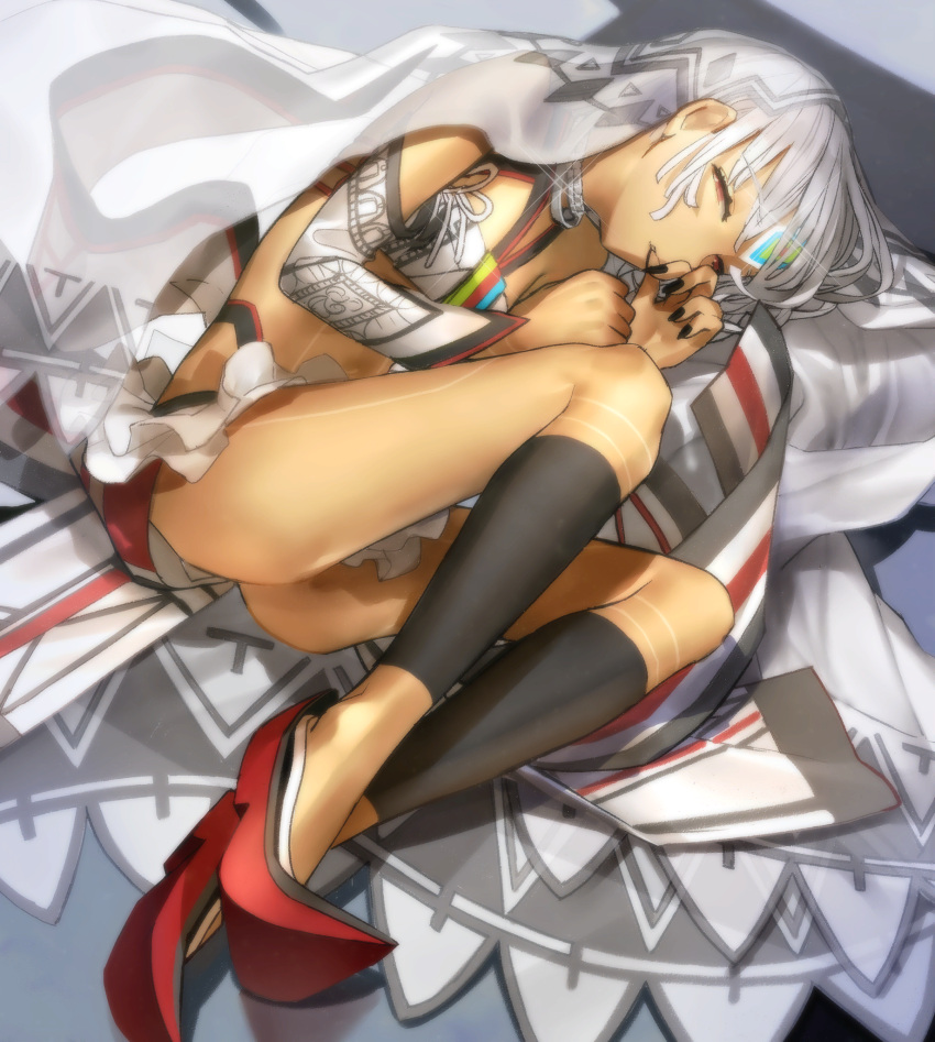 1girl altera_(fate) altera_larva_(fate) black_nails closed_mouth dark-skinned_female dark_skin detached_sleeves fate/extella fate/extra fate_(series) full_body game_cg half-closed_eyes highres legs lying non-web_source official_art on_ground photoshop_(medium) red_eyes red_footwear silver_hair sleeping solo thigh-highs veil wada_arco white_hair