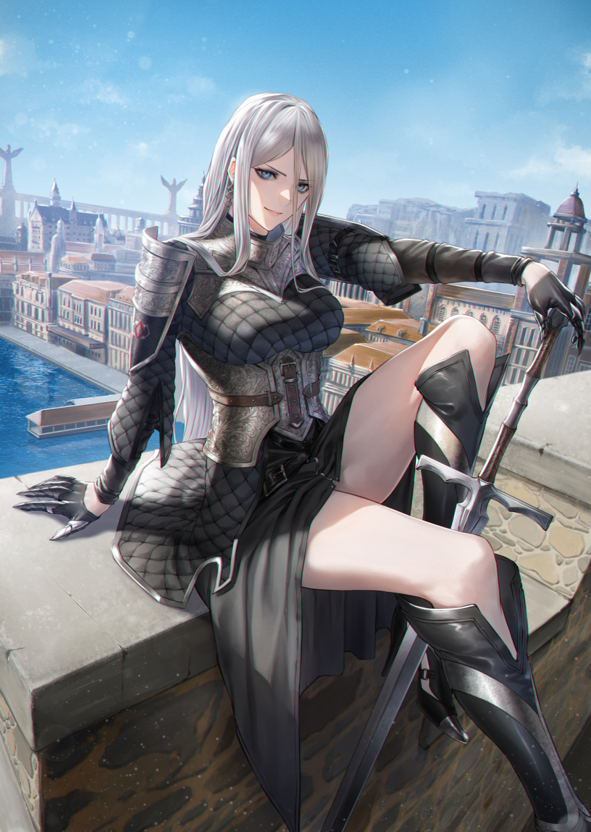 1girl armor black_gloves blue_eyes boots breasts gloves high_heels highres knight long_hair mugetsu2501 original silver_hair sitting smile solo sword weapon