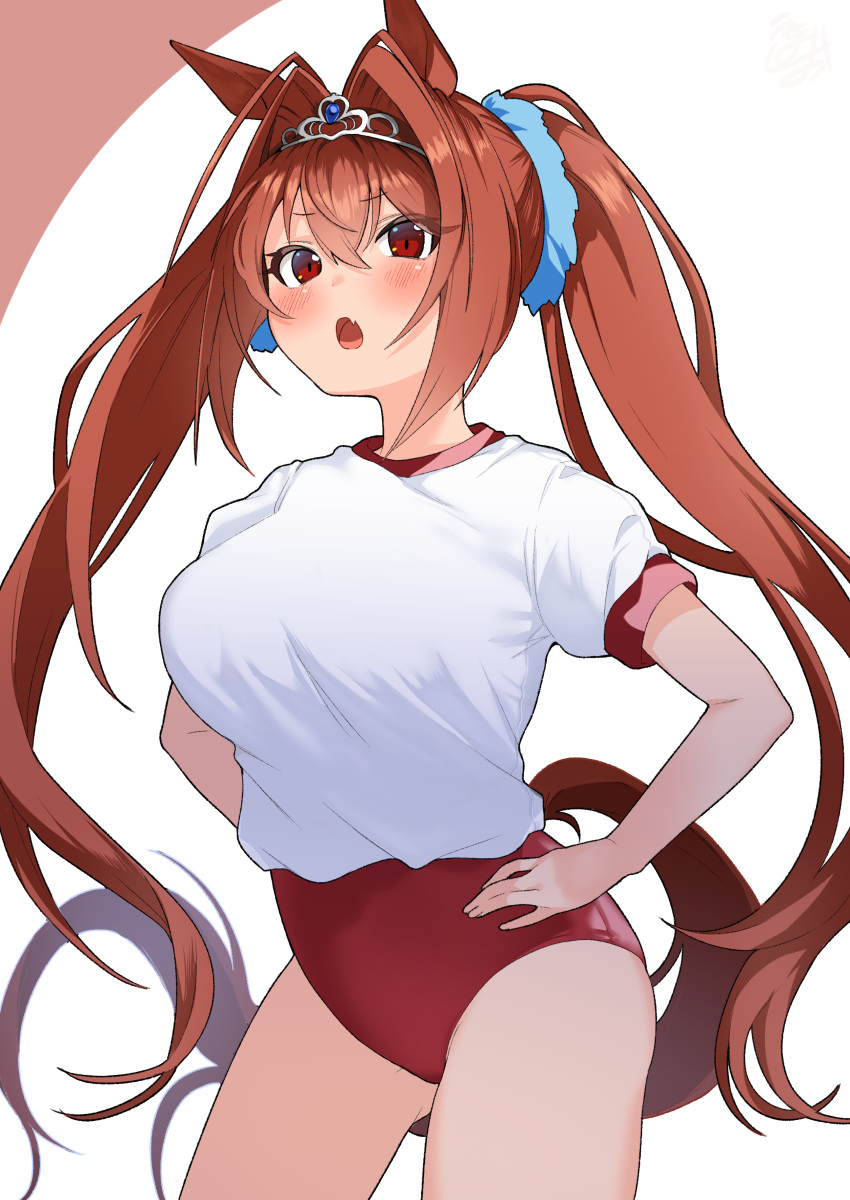 1girl absurdres animal_ears bloomers blush breasts brown_hair daiwa_scarlet_(umamusume) hair_intakes hair_tie hands_on_hips highres horse_ears horse_tail large_breasts long_hair looking_at_viewer open_mouth red_eyes simple_background solo tail tiara twintails umamusume umashio underwear white_background
