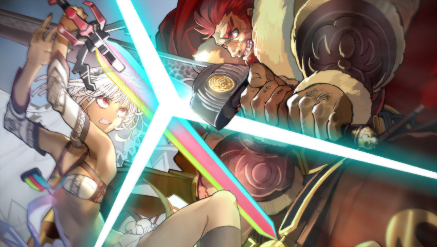 1boy 1girl altera_(fate) bra cape crossed_swords detached_sleeves fate/extella fate/extra fate_(series) fur_trim game_cg highres iskandar_(fate) kneeling long_sword looking_at_another non-web_source official_art photon_ray_(fate) photoshop_(medium) red_cape red_eyes redhead sword teeth thigh-highs underwear veil wada_arco weapon white_hair