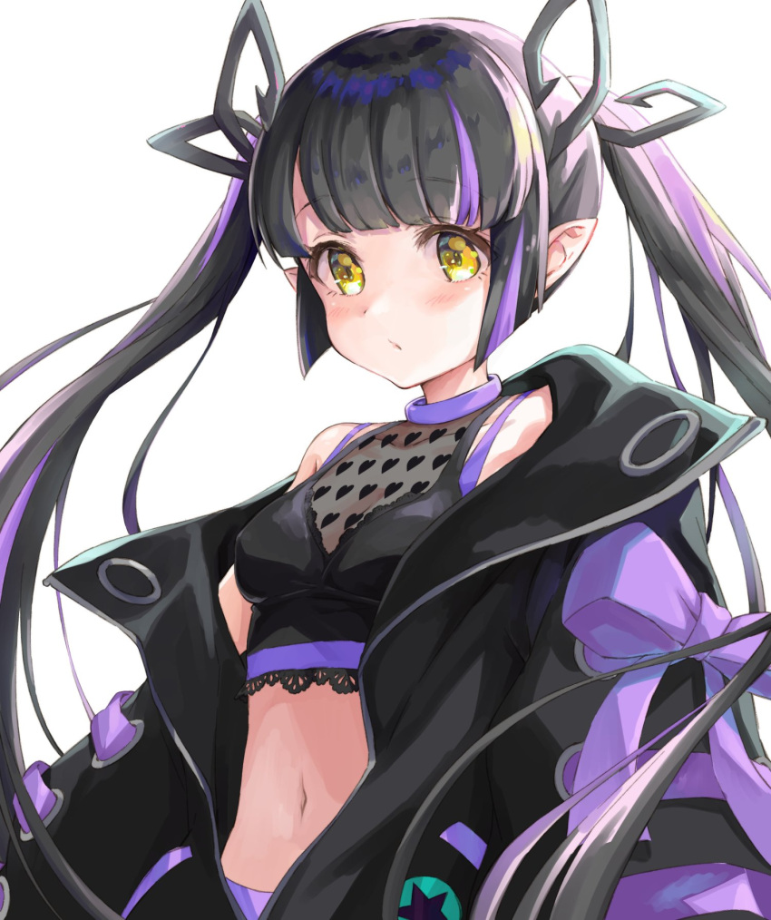 1girl bangs black_hair black_shirt blunt_bangs blush bow breasts commentary_request cowboy_shot crop_top demon_girl demon_horns eyebrows_visible_through_hair heart heart_print highres horns jacket kojo_anna long_hair long_sleeves looking_at_viewer medium_breasts midriff multicolored_hair navel off_shoulder open_clothes open_jacket open_mouth pointy_ears purple_bow purple_hair see-through_shirt shirana_tamana shirt simple_background sleeveless sleeveless_shirt solo sugar_lyric twintails two-tone_hair virtual_youtuber white_background yellow_eyes