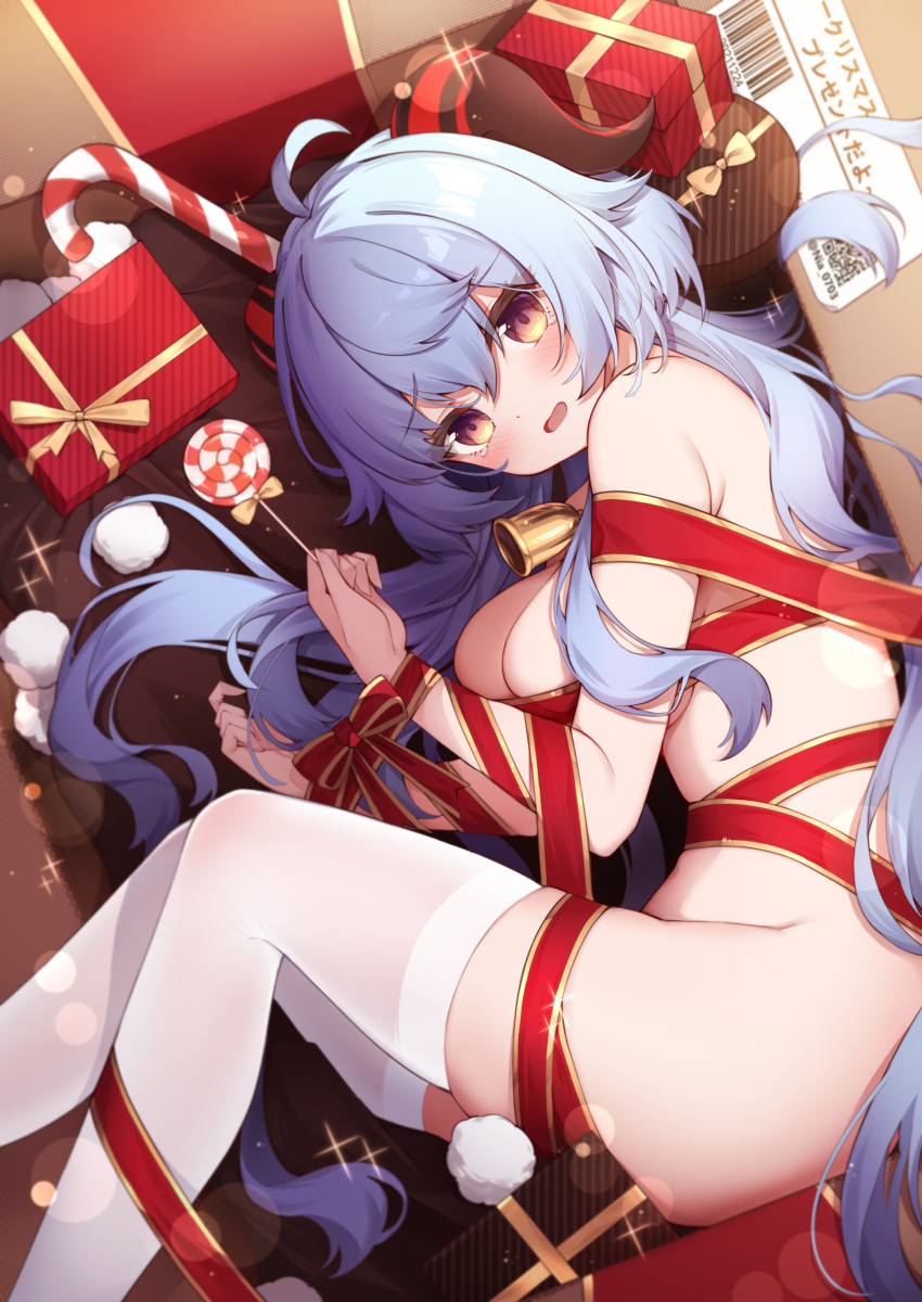 1girl absurdres ahoge bangs bell blue_hair blush box breasts candy candy_cane commentary_request eyebrows_visible_through_hair feet_out_of_frame food from_above ganyu_(genshin_impact) genshin_impact goat_horns highres horns in_box in_container large_breasts lollipop long_hair looking_at_viewer lying on_side parted_lips poinia red_ribbon restrained ribbon solo thigh-highs thighs violet_eyes white_legwear