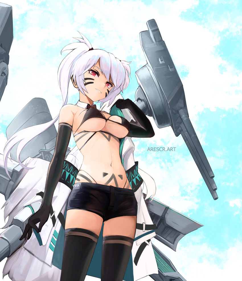 1girl absurdres alabama_(azur_lane) arescr azur_lane bangs bare_shoulders bikini black_bikini black_gloves black_legwear black_shorts blue_sky breasts clouds commentary cowboy_shot day detached_collar elbow_gloves facial_mark gloves grin hand_up head_tilt highres jacket jacket_removed large_breasts long_hair looking_at_viewer navel red_eyes short_shorts shorts silver_hair sky smile solo standing stomach swimsuit thigh-highs thighs twintails whisker_markings white_jacket