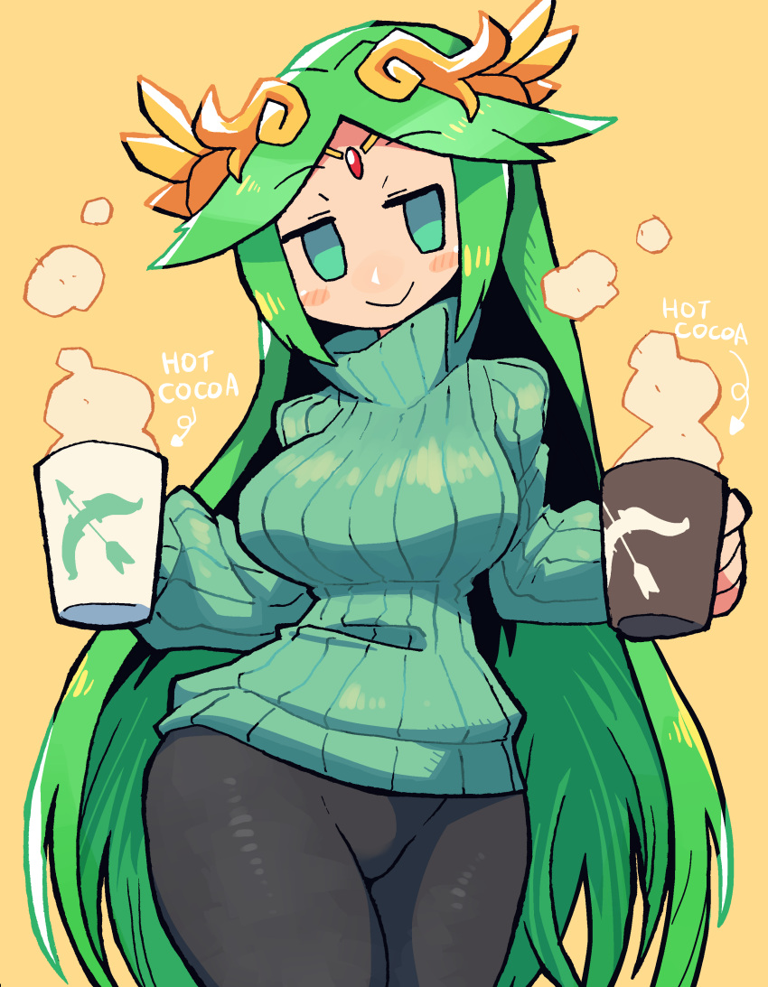 1girl absurdres breasts casual coffee_mug cowboy_shot cup green_eyes green_hair highres holding holding_cup hot_chocolate kid_icarus kid_icarus_uprising large_breasts looking_at_viewer mug palutena print_mug rariatto_(ganguri) smile solo sweater turtleneck turtleneck_sweater winter_clothes