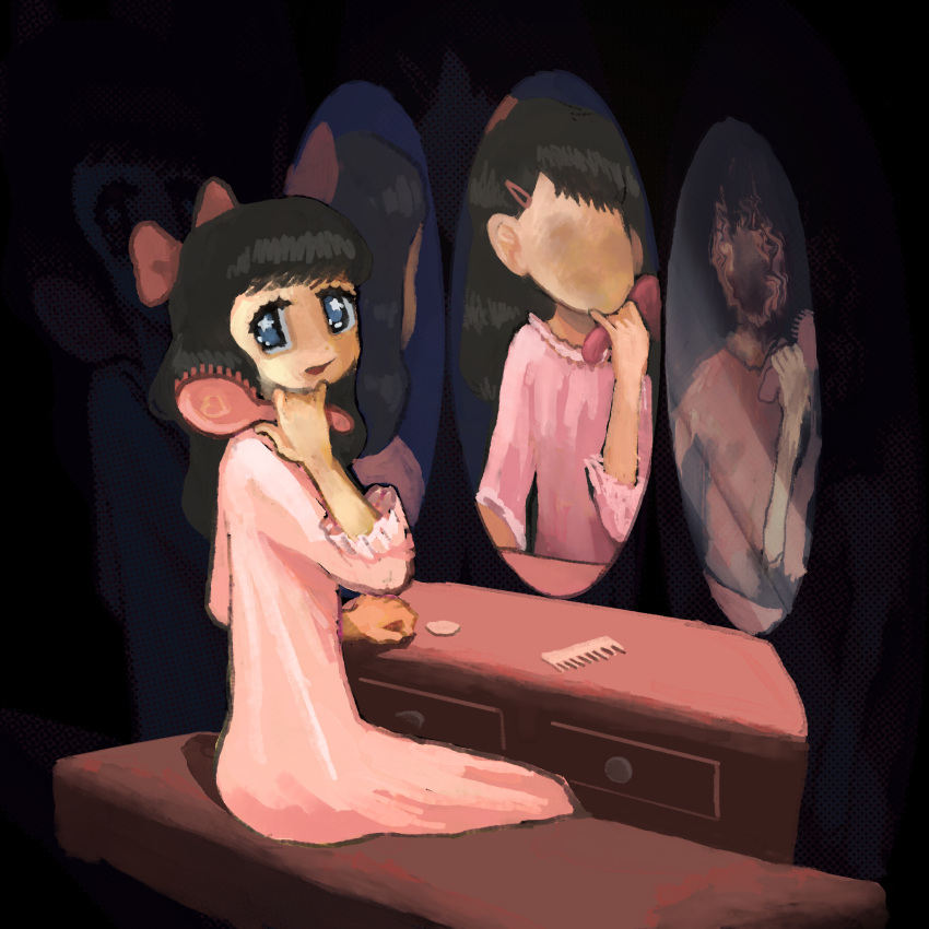 1girl :d arm_rest bangs big_eyes black_background black_hair blue_eyes bow brush clenched_hand comb dark_background different_reflection distortion dot_nose drawer faceless faceless_female feet_out_of_frame frilled_nightgown frilled_sleeves frills from_side hair_behind_ear hair_bow hair_brush hair_brushing hair_ornament hairclip hand_on_table hand_up heart highres holding holding_brush indoors long_hair long_sleeves looking_at_viewer looking_to_the_side mirror nightgown no_lineart no_pupils original parted_lips pink_bow pink_nightgown plastiboo reflection sitting sleepwear sleeves_past_elbows smile solo star_(symbol) star_in_eye symbol_in_eye tareme vanity_table